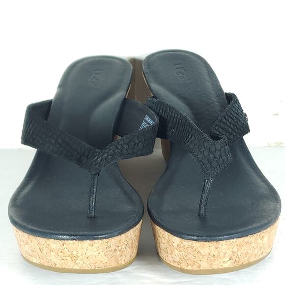 UGG Women's Natassia US8 Black Leather SlipOn Cork Wedge Platform Thong Sandals - Picture 5 of 15